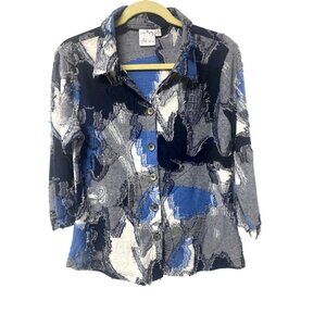 Parsley & Sage Women Button-Up Shirt S Blue Gray Art to wear Boho Chic Abstract